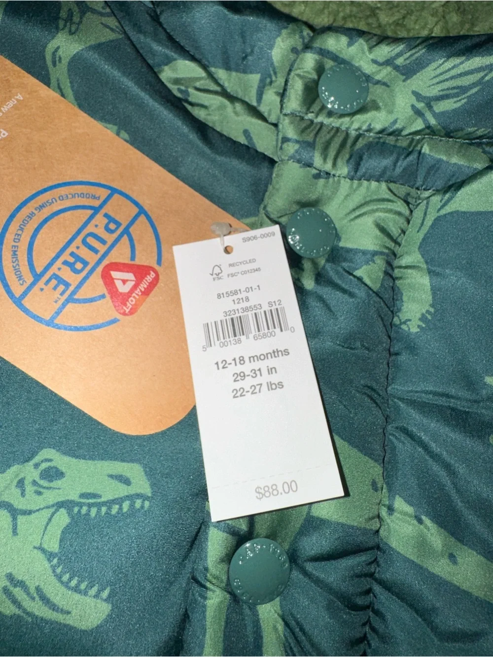 Baby GAP Cozy Dinosaur Puffer Jacket Boys’ 12-18M